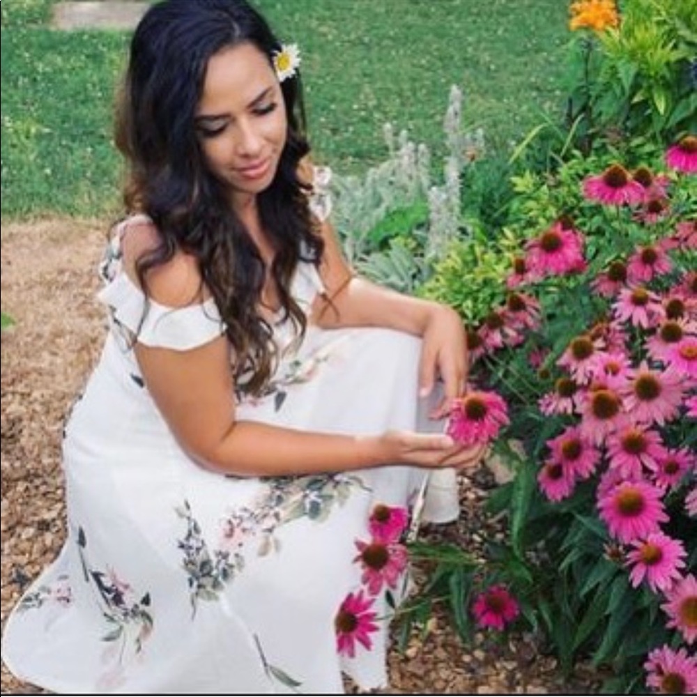 Boho Floral Chiffon Cold Shoulder Front Slit Dress - Picture 2 of 8